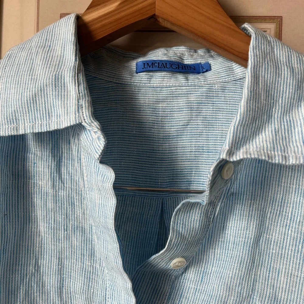J. McLaughlin 100% Linen Quarter Button Up Blouse Top Blue Large - Picture 9 of 11